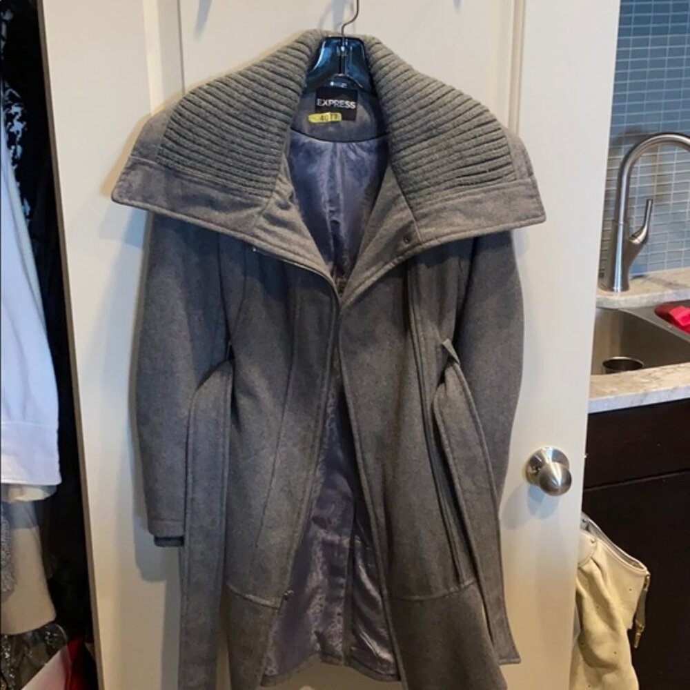 Express Rib Trimmed Wool Blend Coat Charcoal Gray